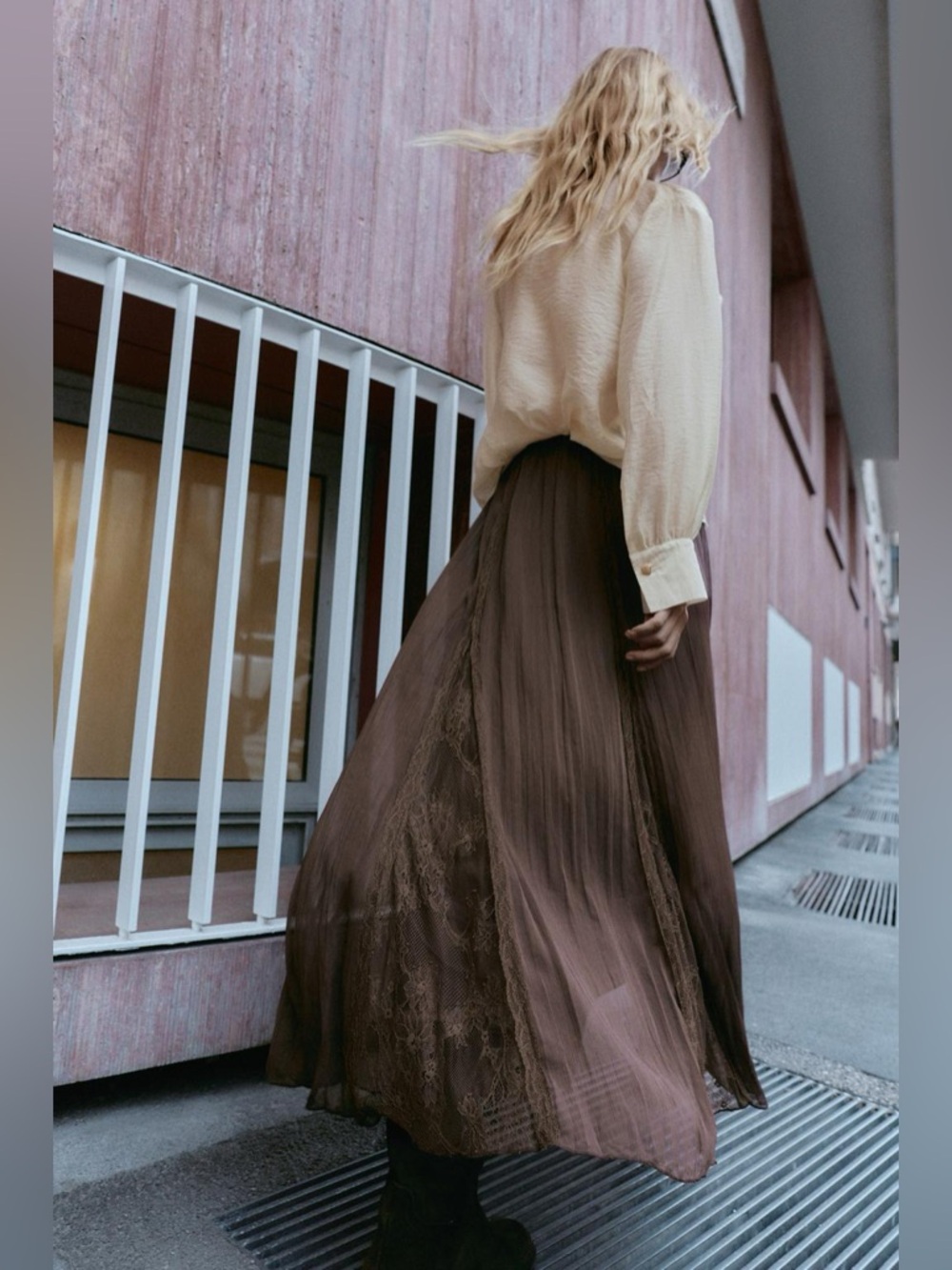 ZARA Lace Godet Chiffon Overlay Brown Maxi Elastic Waist Skirt. M NWT - Picture 3 of 16